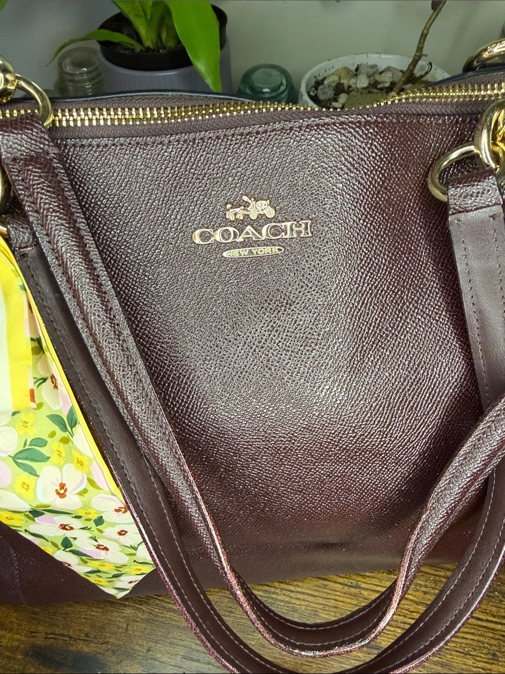 Coach Wine Saffiano Tote with Gold Hardware - Picture 2 of 7